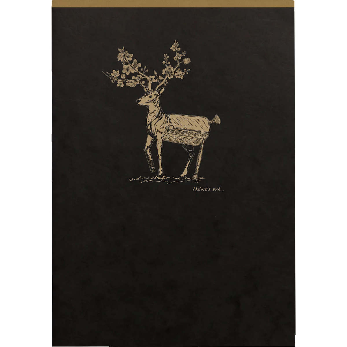 Zeichnung eines Hirsches mit Blumen im Geweih auf schwarzem Hintergrund. Darunter steht "Nature's soul".
