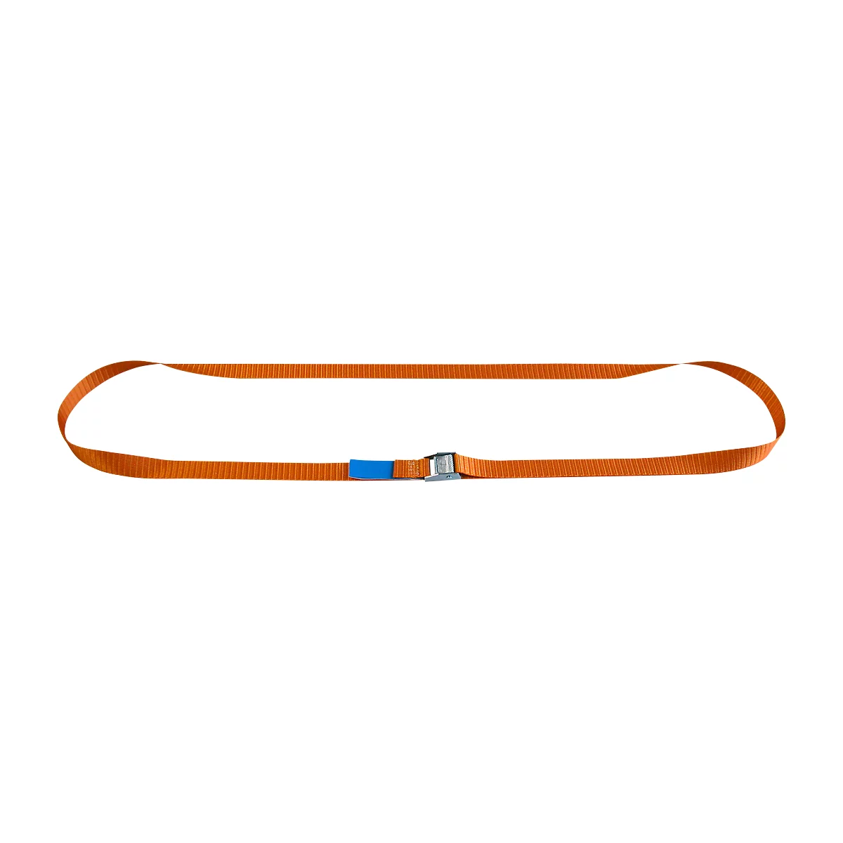 Orange fabric band, looped, with blue loop and metal clasp.