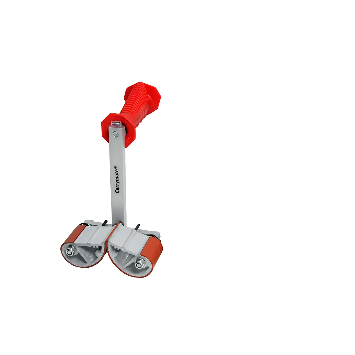 An orange handle connected to a white metal frame with two gray rollers. The word Carrymate is pictured below.