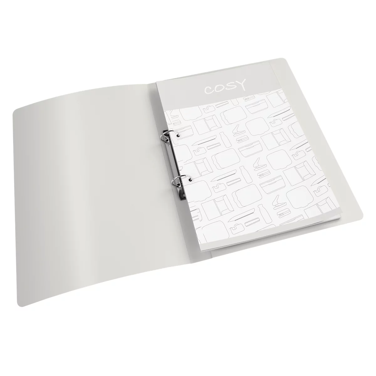 Classeur gris avec lettrage 'cosy' et motifs sur les pages. Un bloc-notes blanc est attaché avec des anneaux métalliques.