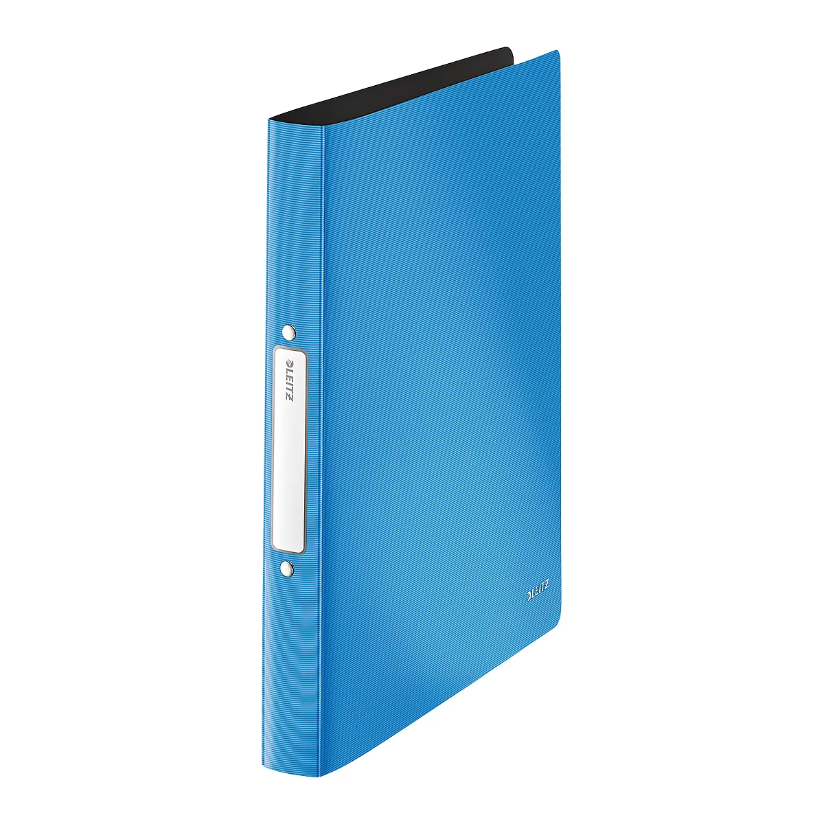 Classeur bleu avec champ d'étiquetage blanc, marque "Leitz".