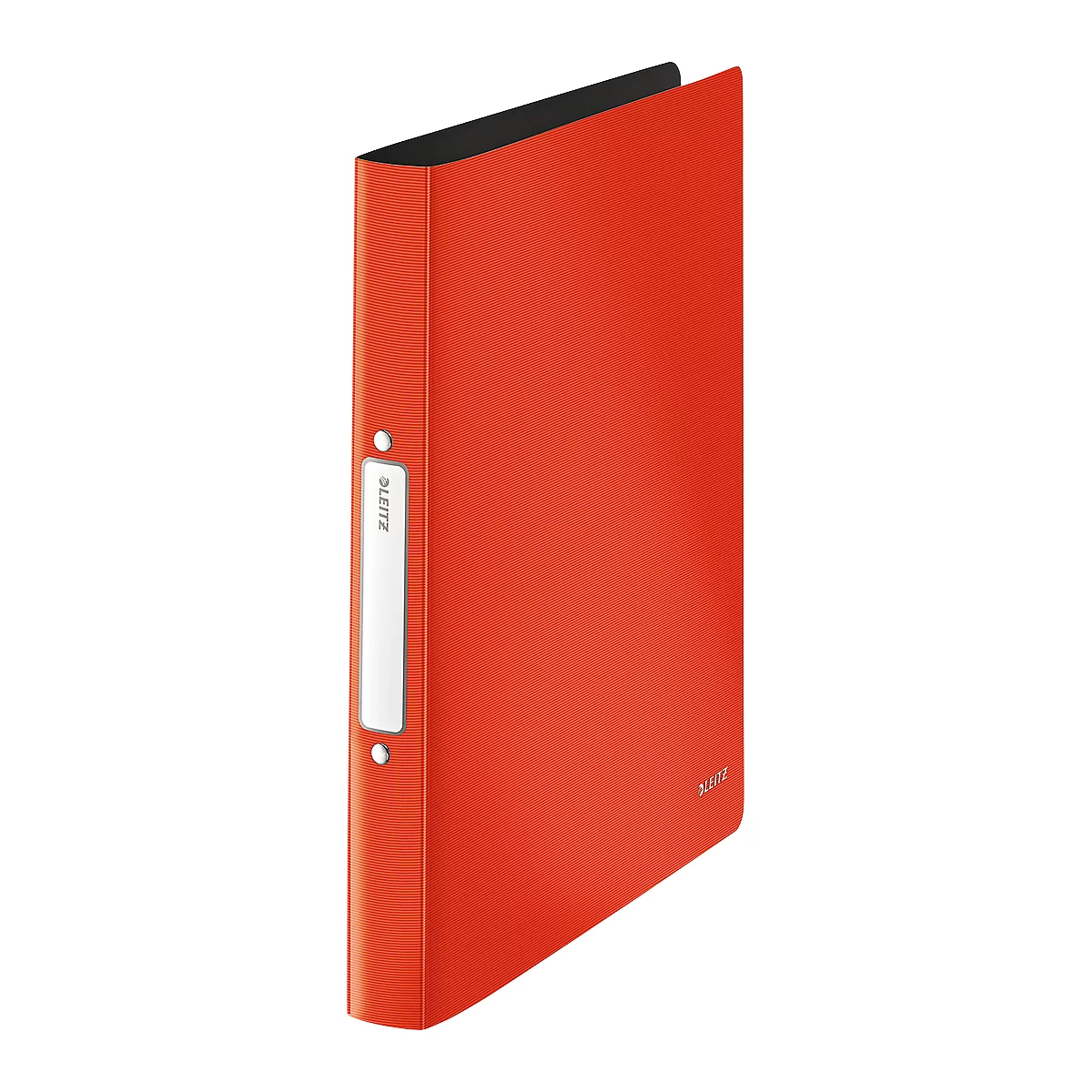 Un classeur rouge avec une étiquette blanche, rempli de papier. La marque "Leitz" est visible.