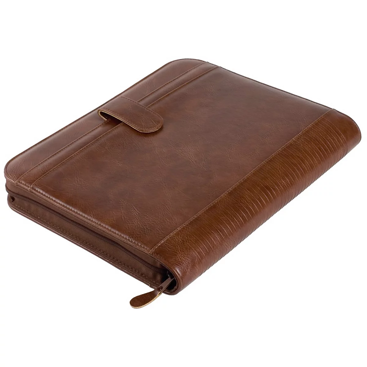 Un porte-documents en cuir marron avec fermeture à bouton-pression, fermeture éclair et détail en relief sur le bord.
