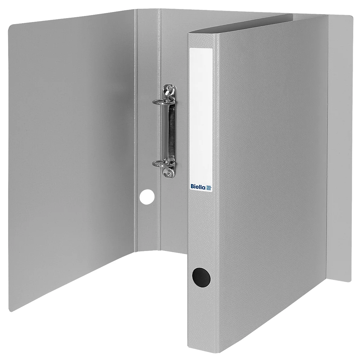 Classeur à anneaux Biella Viria®, pour DIN A4, jusqu'à 150 feuilles, 2 anneaux Ø 25 mm, avec trou de préhension, L 255 x l 31 x H 320 mm, carton, gris
