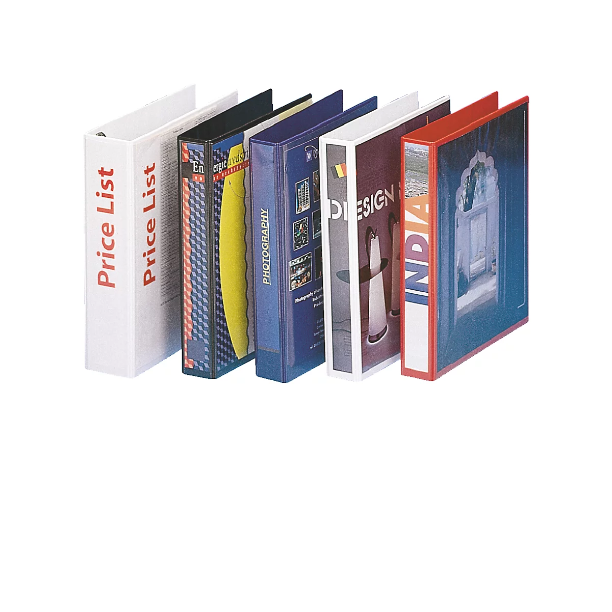 Rangée de classeurs de différentes couleurs avec diverses impressions.