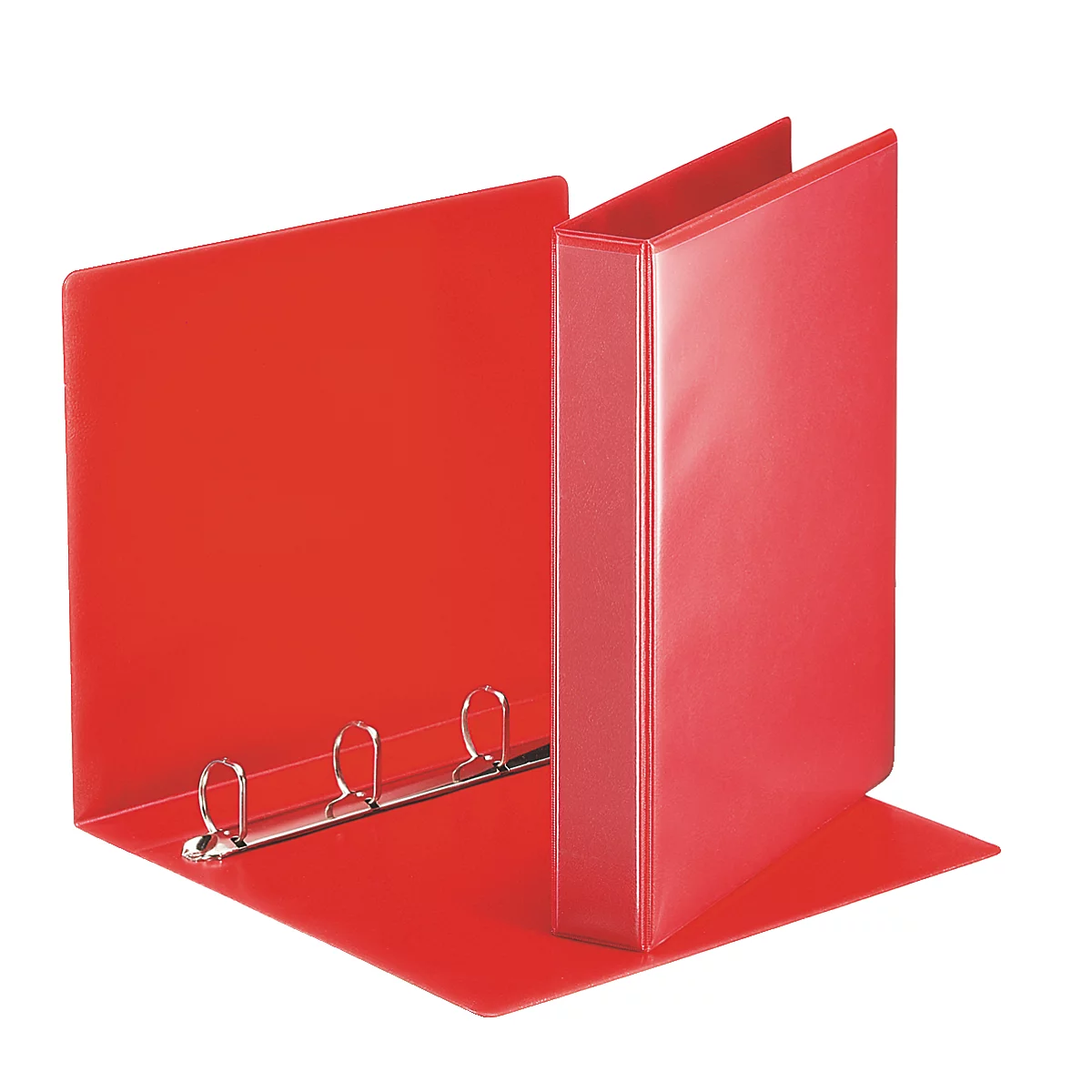 Classeur rouge, ouvert, avec trois anneaux. La couverture gauche est dépliée.