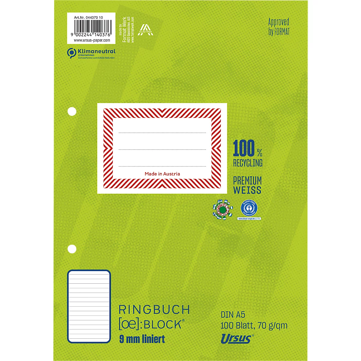 Classeur vert avec étiquette blanche et bordure rouge. Étiquette avec espace pour écrire, texte : classeur, DIN A5, 100 feuilles, 70 g/m².