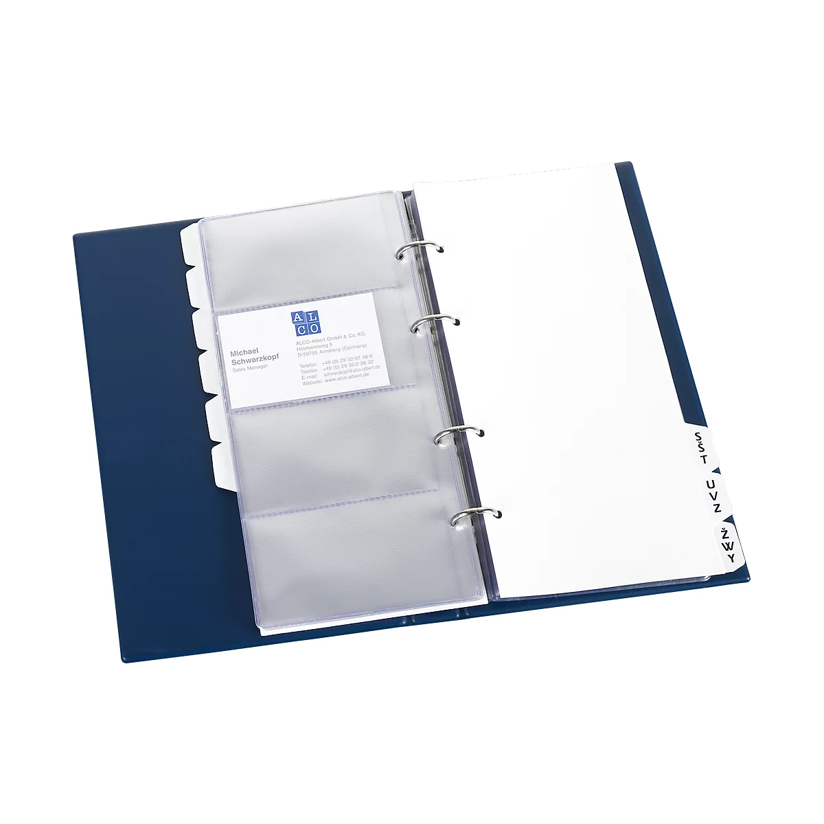 Classeur à anneaux pour cartes de visite bleu EICHNER, pour 200 cartes de visite, mécanisme avec 4 anneaux de classeur, format A5