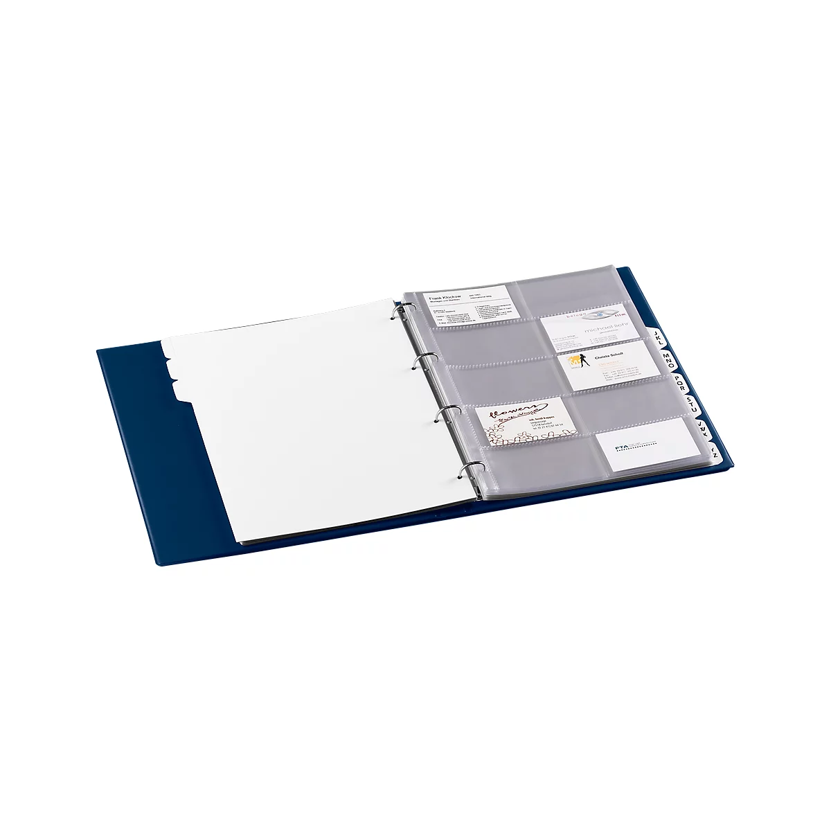 Classeur à anneaux pour cartes de visite bleu EICHNER, pour 400 cartes de visite, mécanisme avec 4 anneaux de classeur, format A4