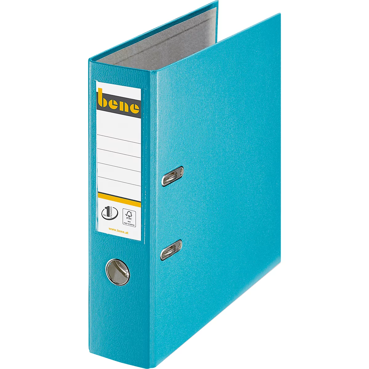 Classeur turquoise de la marque Bene, ouvert. Étiquette sur la couverture avant avec logo et espace pour l'étiquetage.