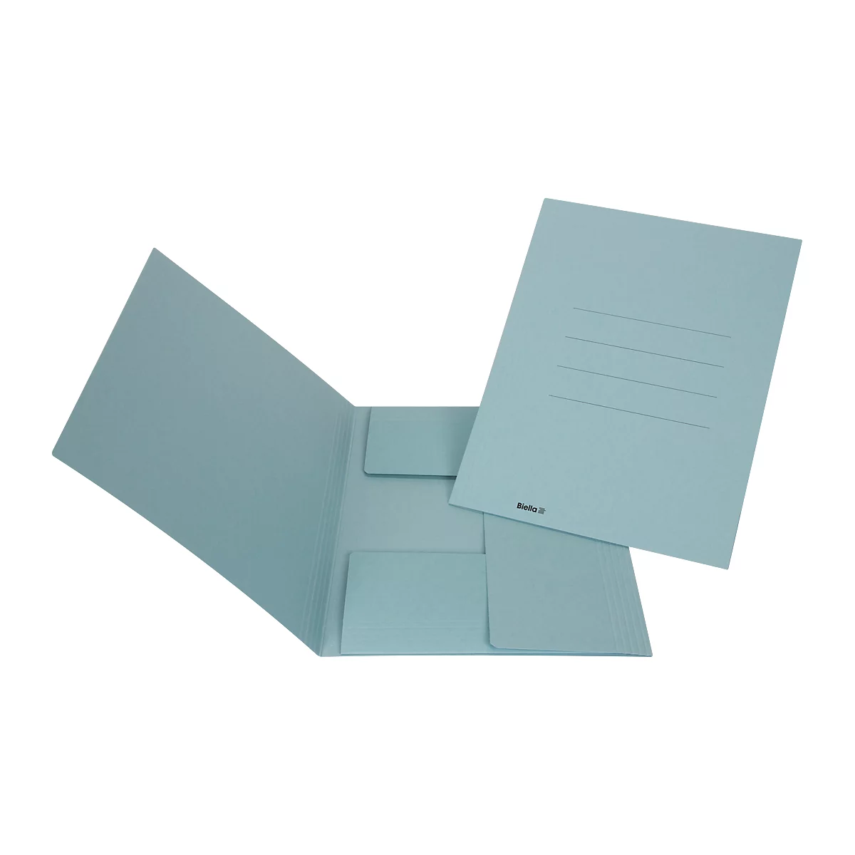 Dossier papier bleu clair ouvert avec compartiments et lignes pour notes.