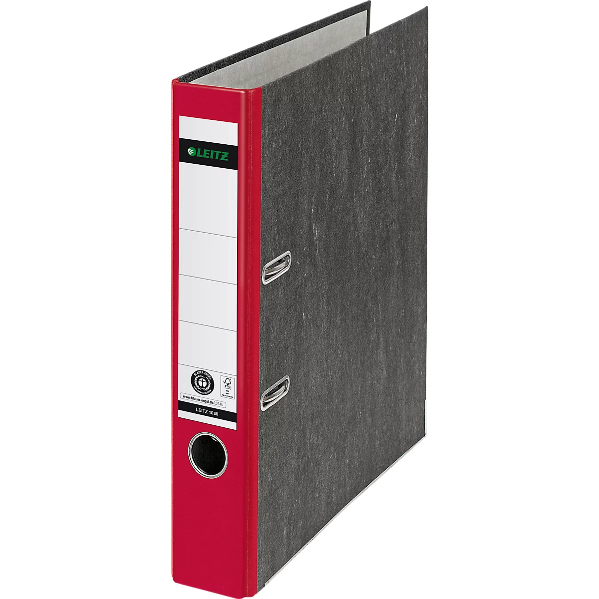 Classeur rouge Leitz. Dos noir, étiquette blanche, logo de la marque, papier. Gros plan.