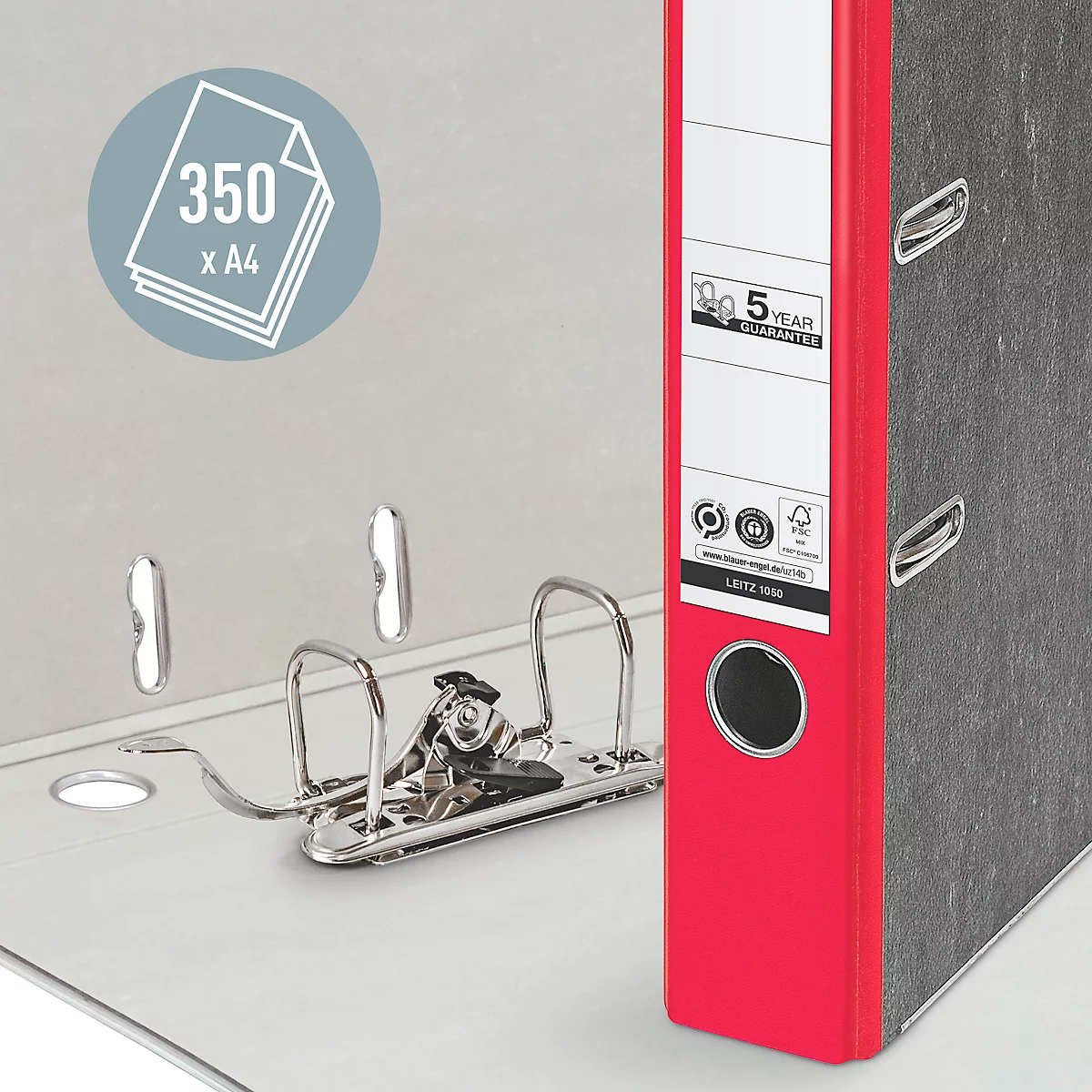 Classeur à levier 1050 LEITZ®, format A4, largeur du dos 52 mm, 20 pièces, rouge