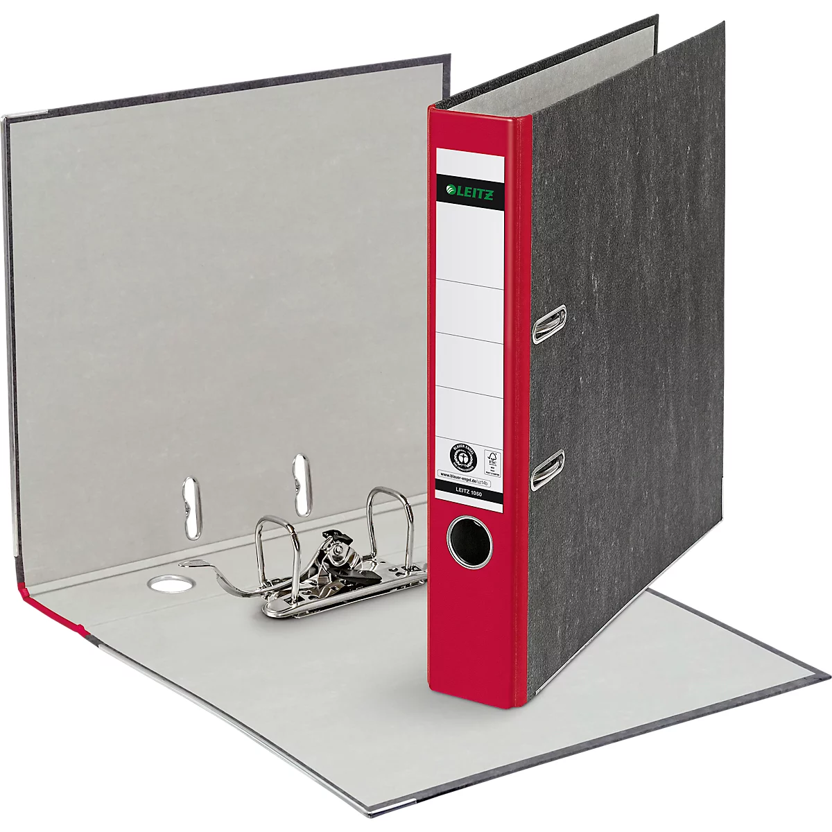 Classeur gris avec dos rouge, ouvert. Label: Leitz. Des logos et des informations sont également visibles sur le dos.
