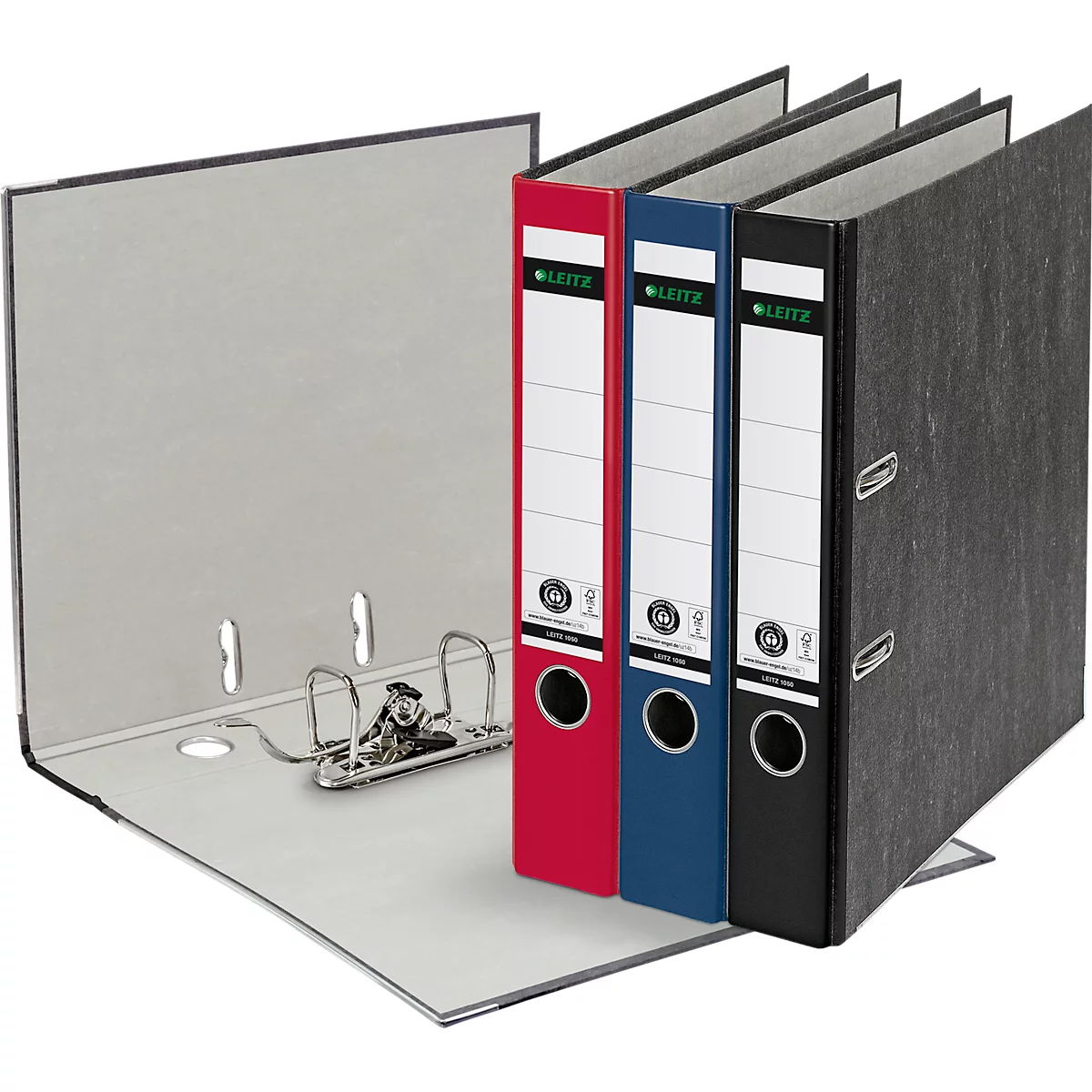 Classeur gris ouvert avec trois dossiers de couleur : rouge, bleu, noir.