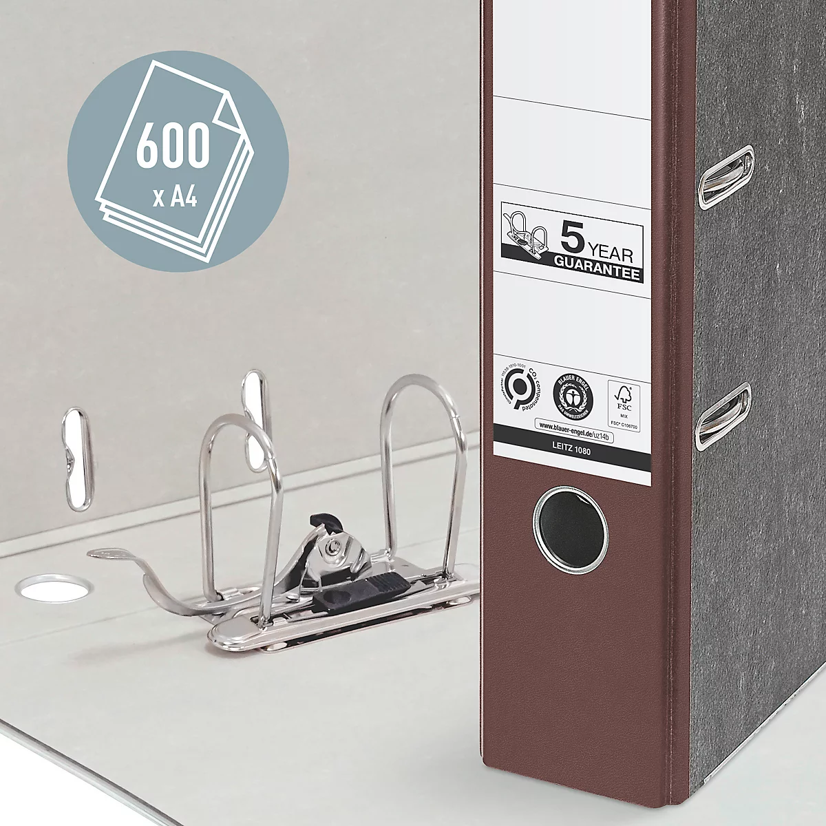 Classeur à levier 1080 LEITZ®, format A4, largeur du dos 80 mm, 20 pièces, brun