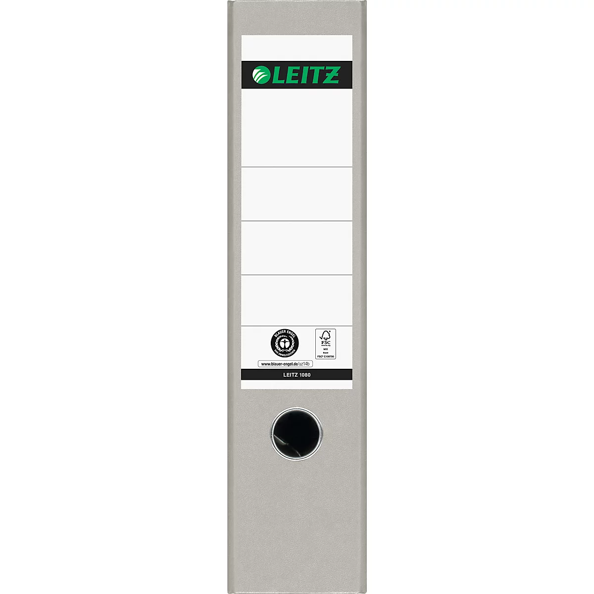 Classeur Leitz gris, avec étiquette blanche et logo. Poignée noire.