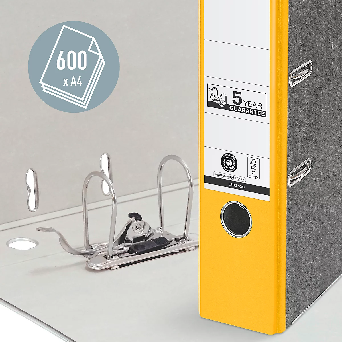 Classeur à levier 1080 LEITZ®, format A4, largeur du dos 80 mm, jaune