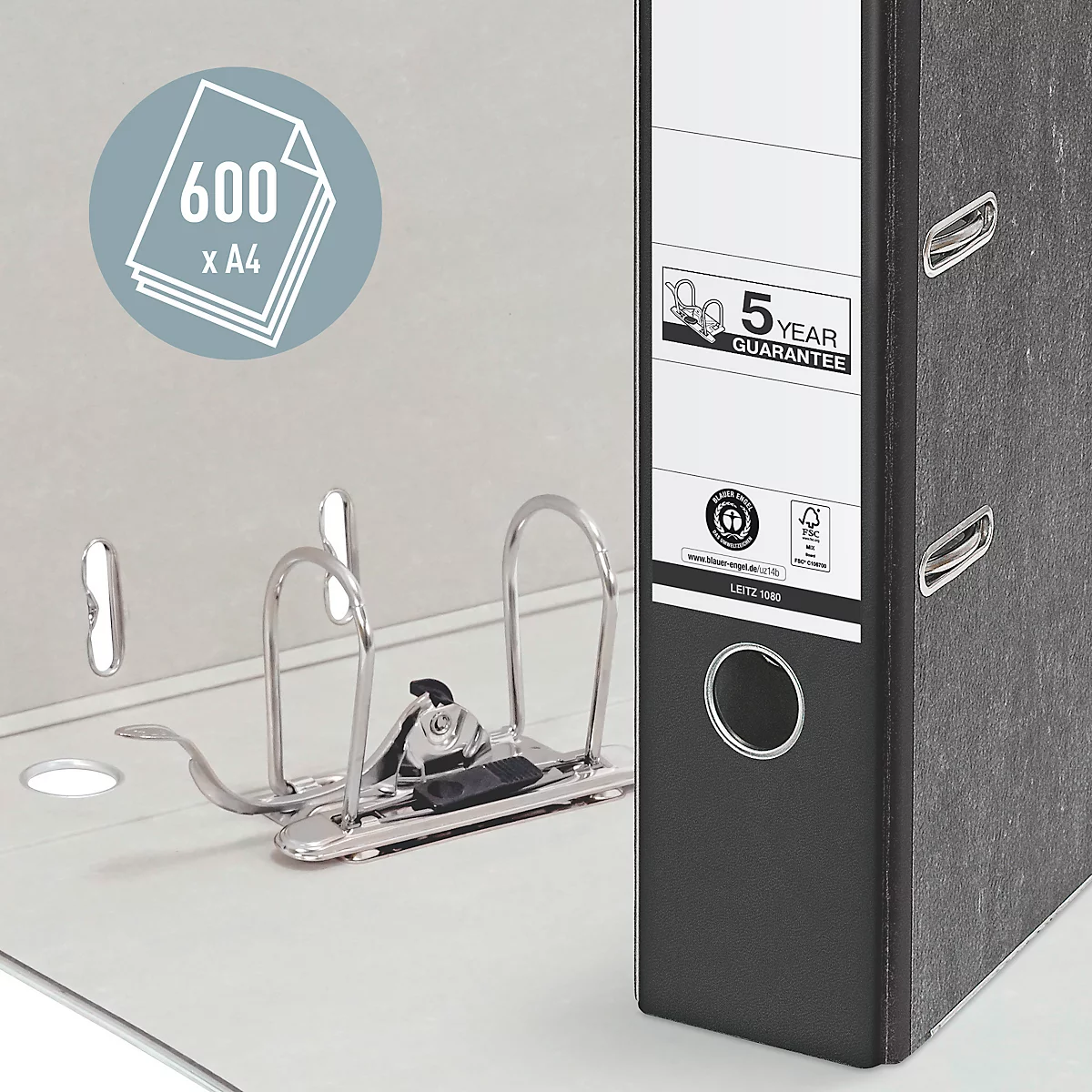 Classeur à levier 1080 LEITZ®, format A4, largeur du dos 80 mm, noir