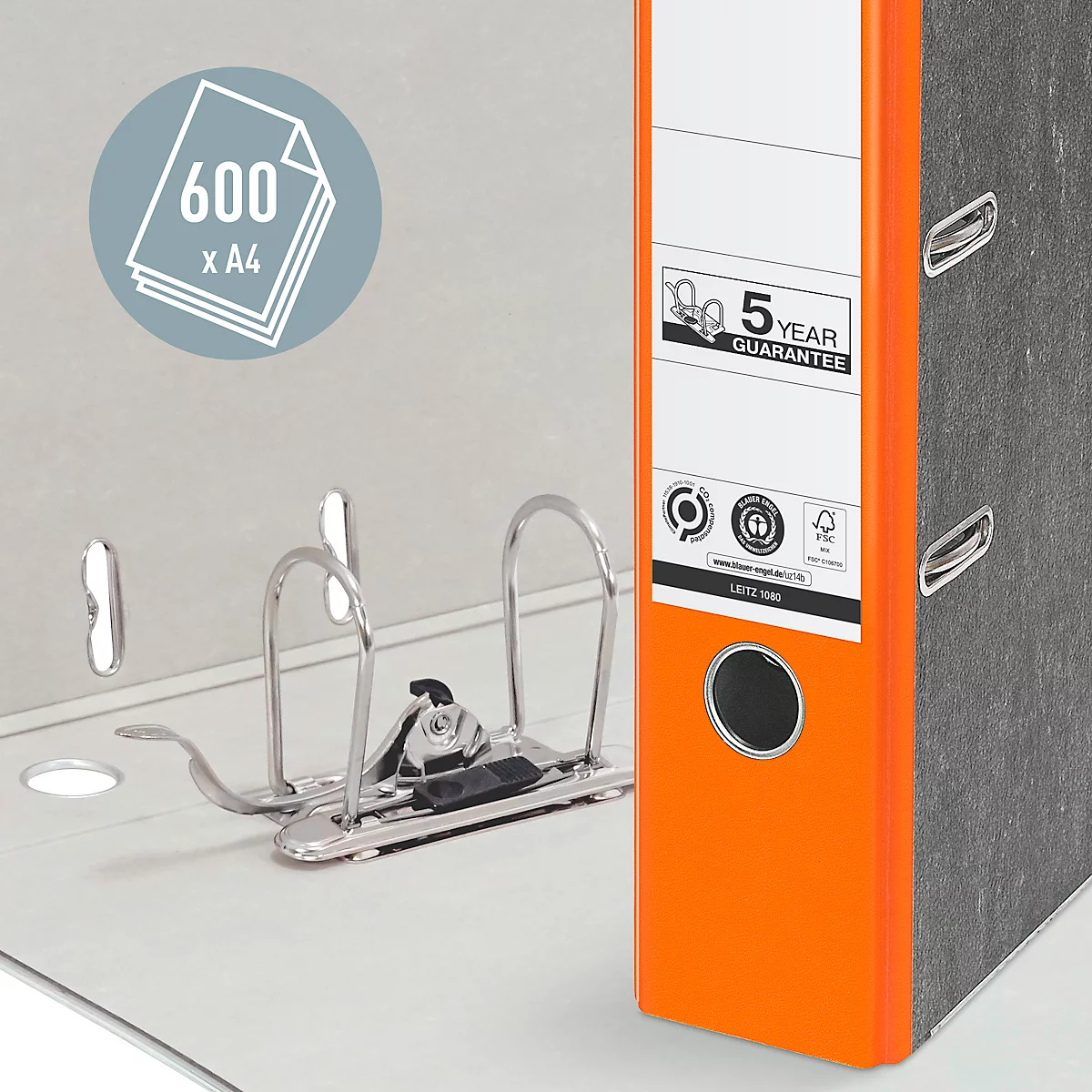 Classeur à levier 1080 LEITZ®, format A4, largeur du dos 80 mm, orange, 20 pièces