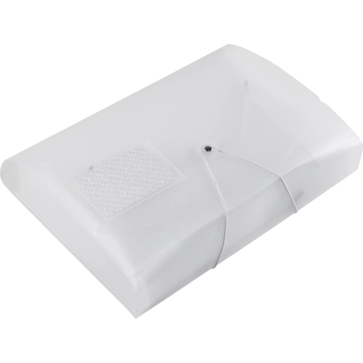Un classeur en plastique plat et transparent avec une fermeture élastique et une étiquette blanche.