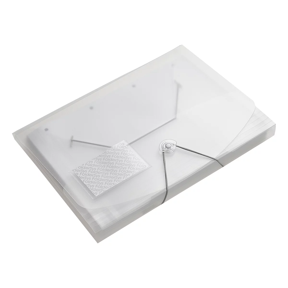 Pochette transparente pour documents avec papier et fermeture élastique.