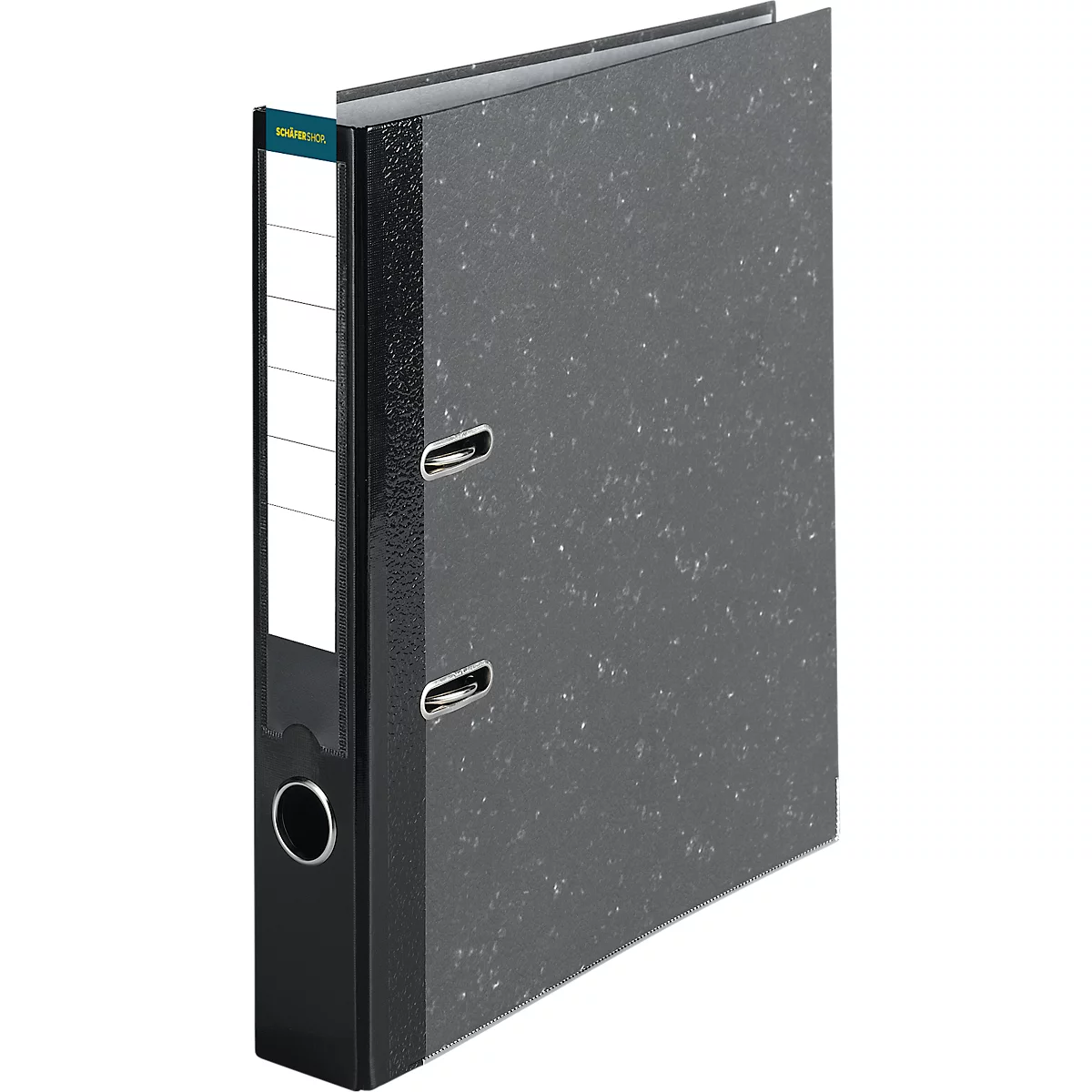 Classeur noir à motifs à pois, dos blanc et œillets métalliques.