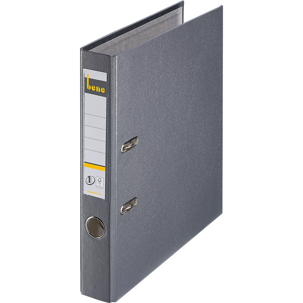 Classeur gris avec une étiquette blanche et un logo d'entreprise, partiellement ouvert.