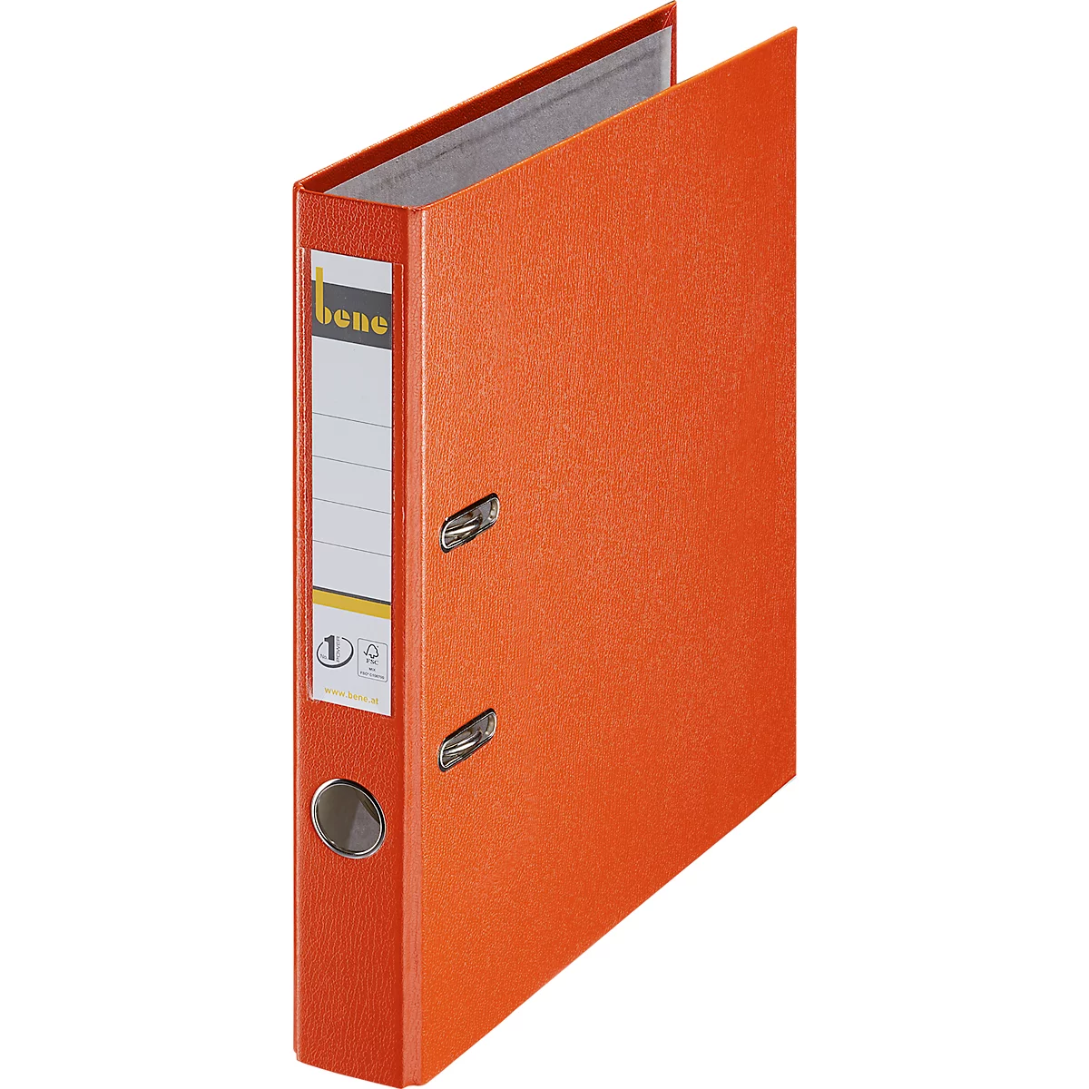 Classeur orange ouvert avec une zone d'étiquettes blanche et des œillets en métal.