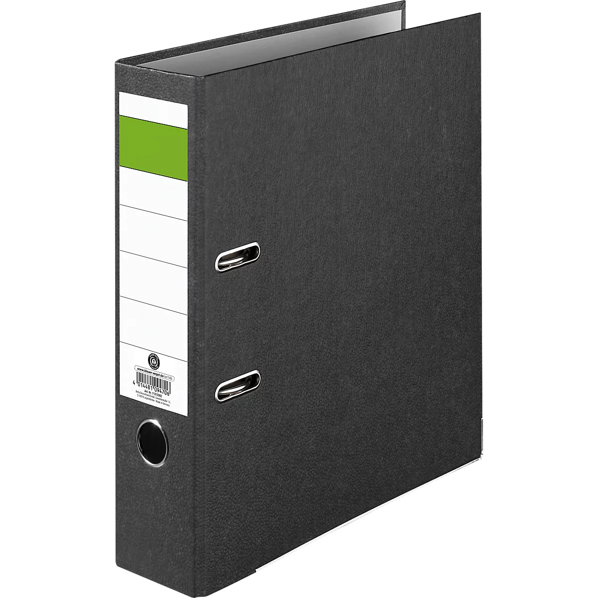 Classeur noir avec étiquette blanche et accents verts. Anneaux métalliques pour ouvrir et fermer.