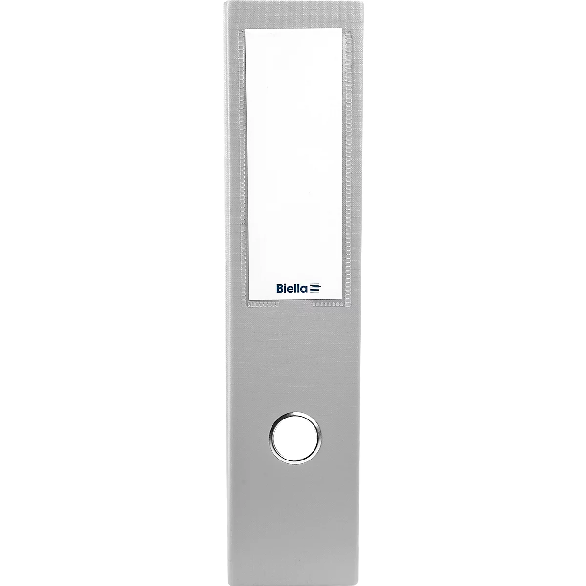 Classeur gris, avec un champ d'étiquette blanc et un trou rond.