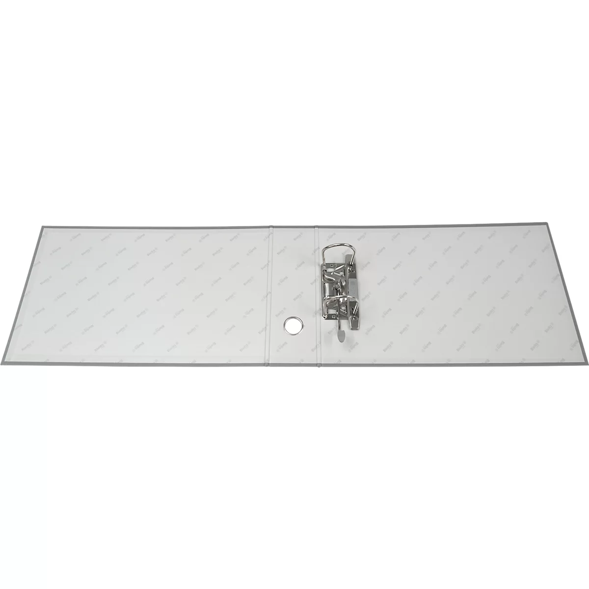 Classeur blanc ouvert avec clips métalliques et perforation.