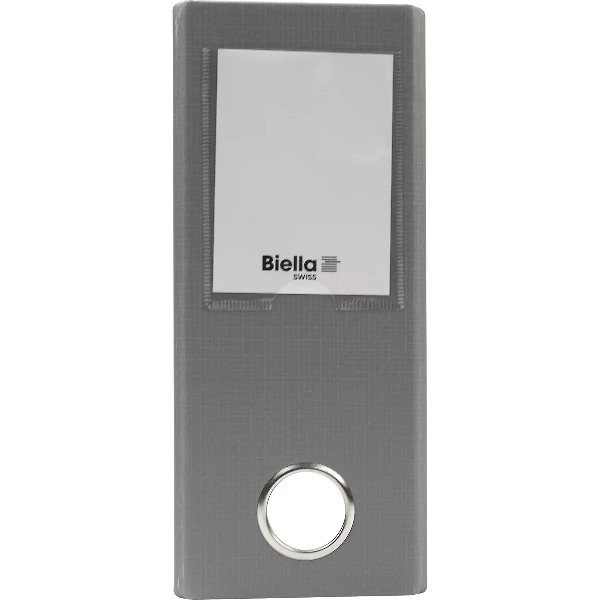 Classeur gris avec une étiquette blanche et l'inscription 'Biella'.