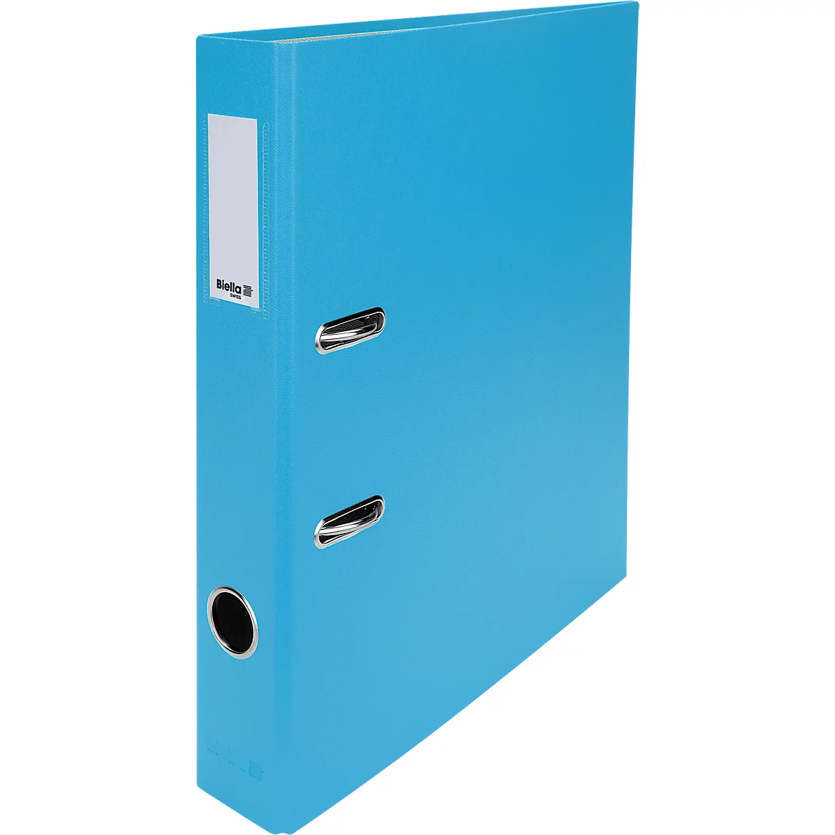 Classeur turquoise avec étiquette blanche.