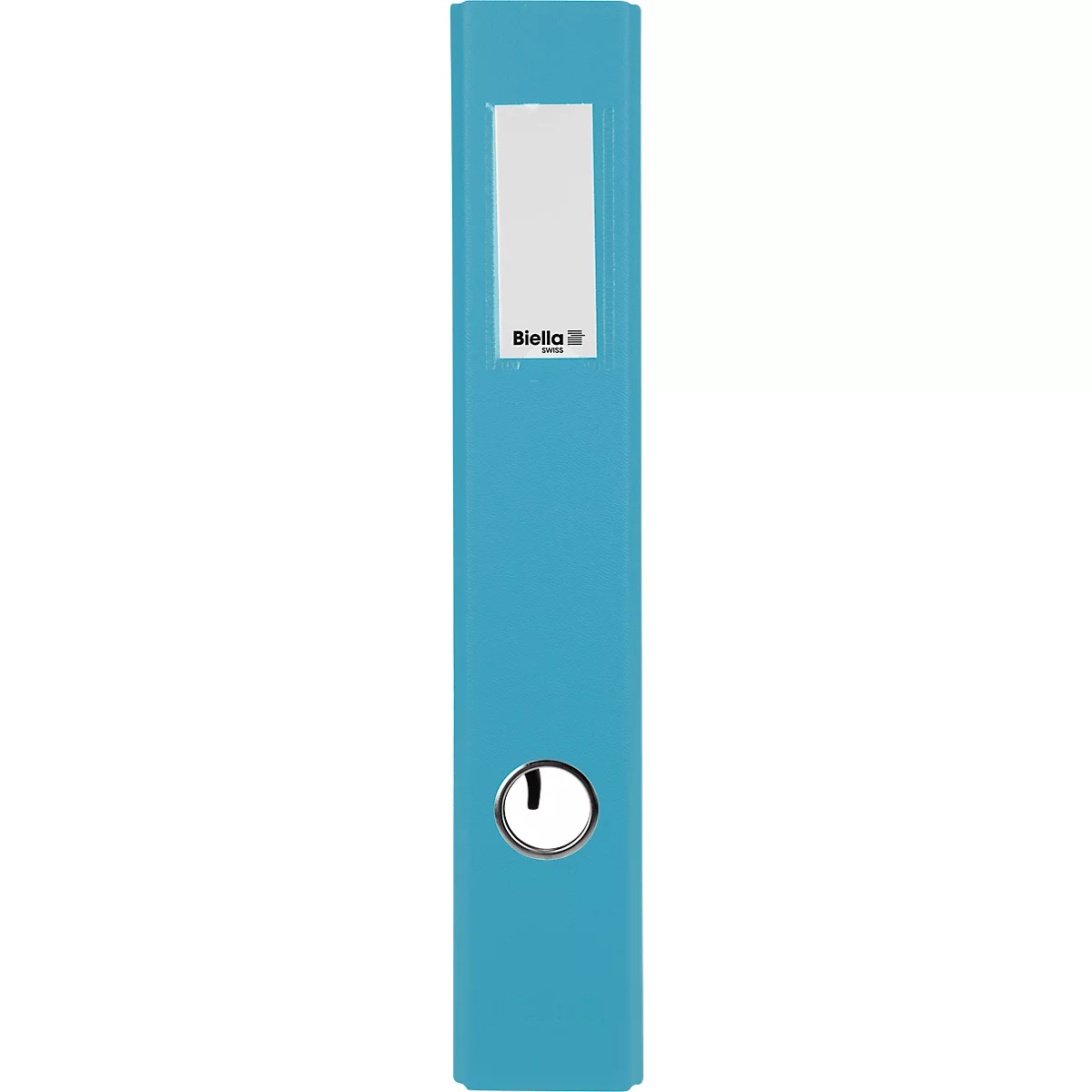 Classeur turquoise avec zone d'étiquetage blanche, avec un élément rond en dessous.