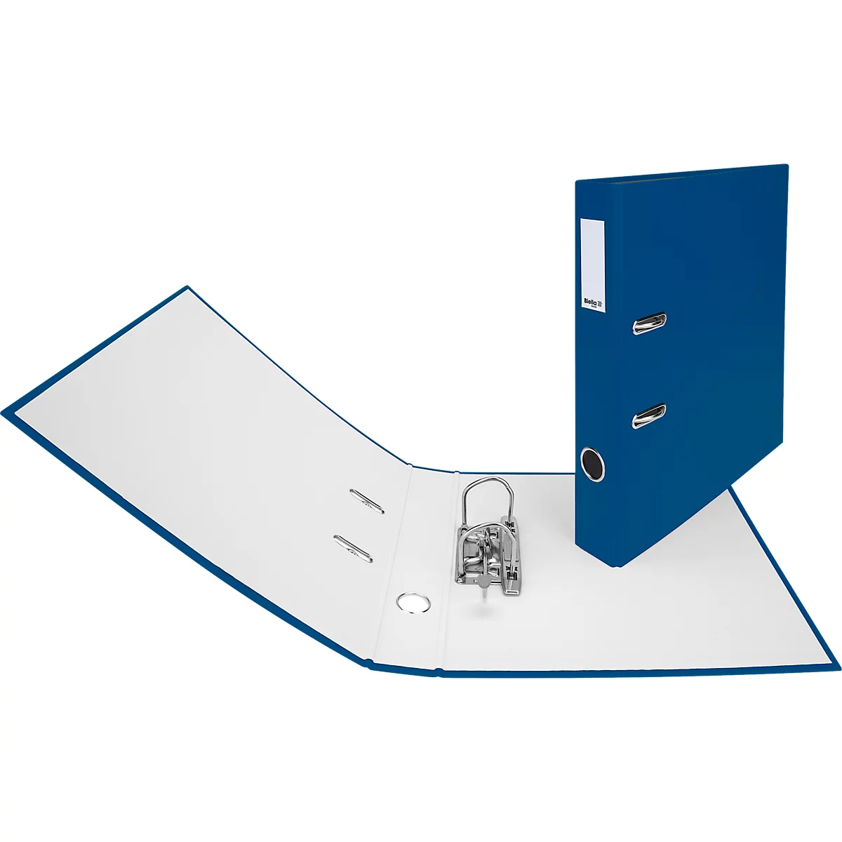 Classeur bleu, ouvert et installé. Intérieur gauche blanc, droit debout.