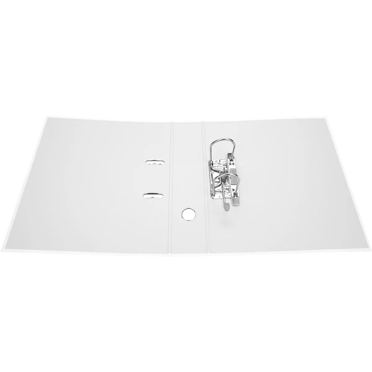 Classeur blanc avec mécanisme métallique, ouvert sur fond neutre.