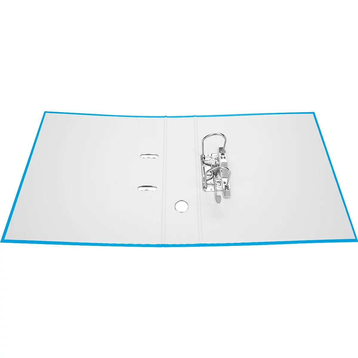 Classeur blanc ouvert avec bordure bleue et mécanisme métallique.