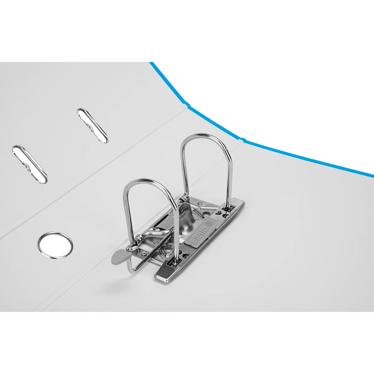 Classeur blanc, gros plan du mécanisme métallique avec des supports.