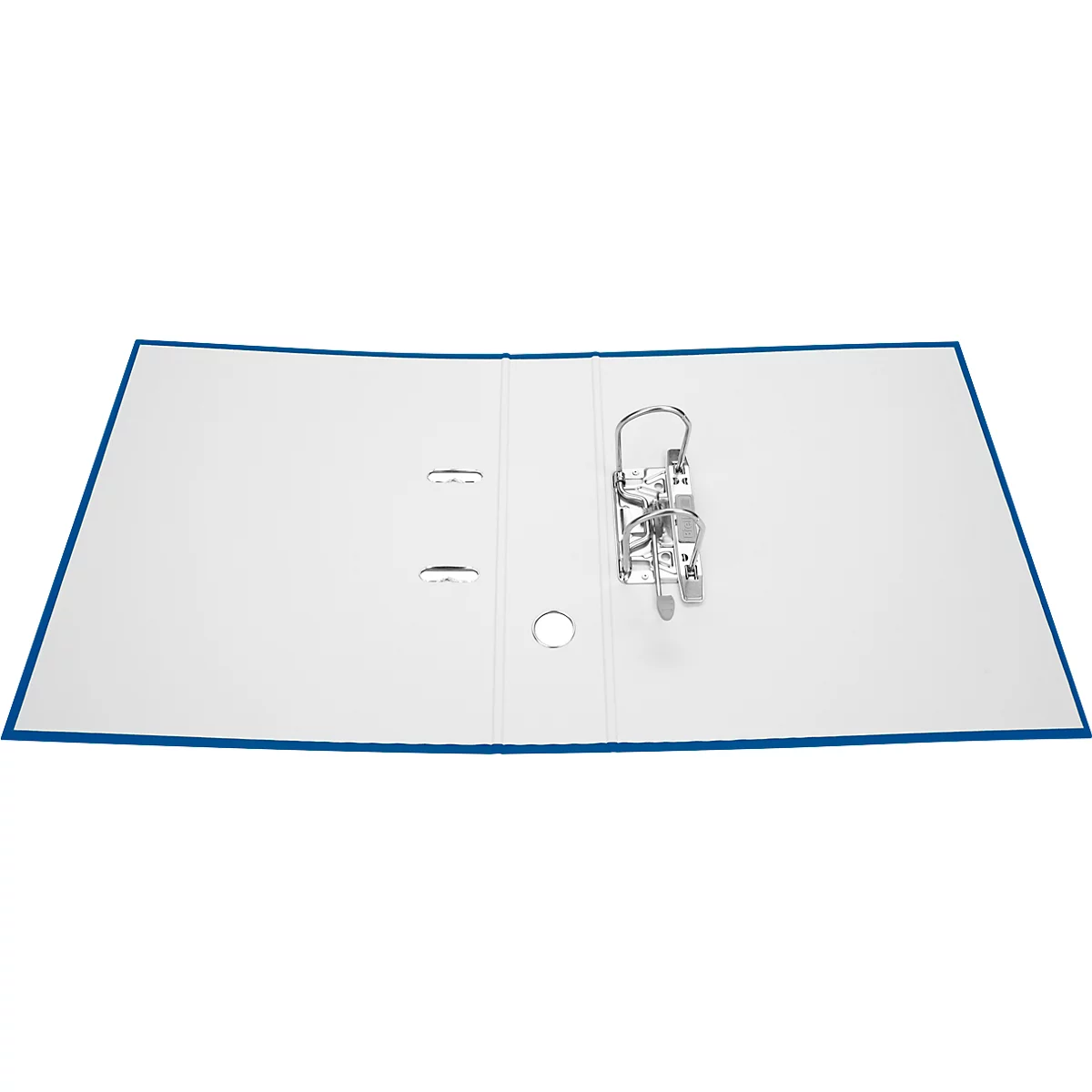 Classeur bleu, ouvert. Intérieur blanc, avec mécanisme à levier en métal.
