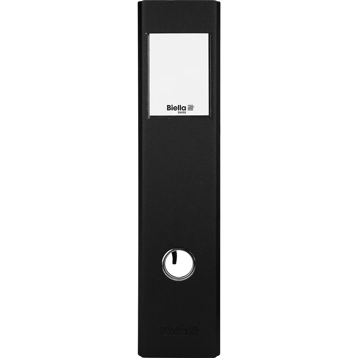 Classeur noir avec encart blanc et lettrage "Biella". En bas, un renfoncement circulaire avec une serrure.