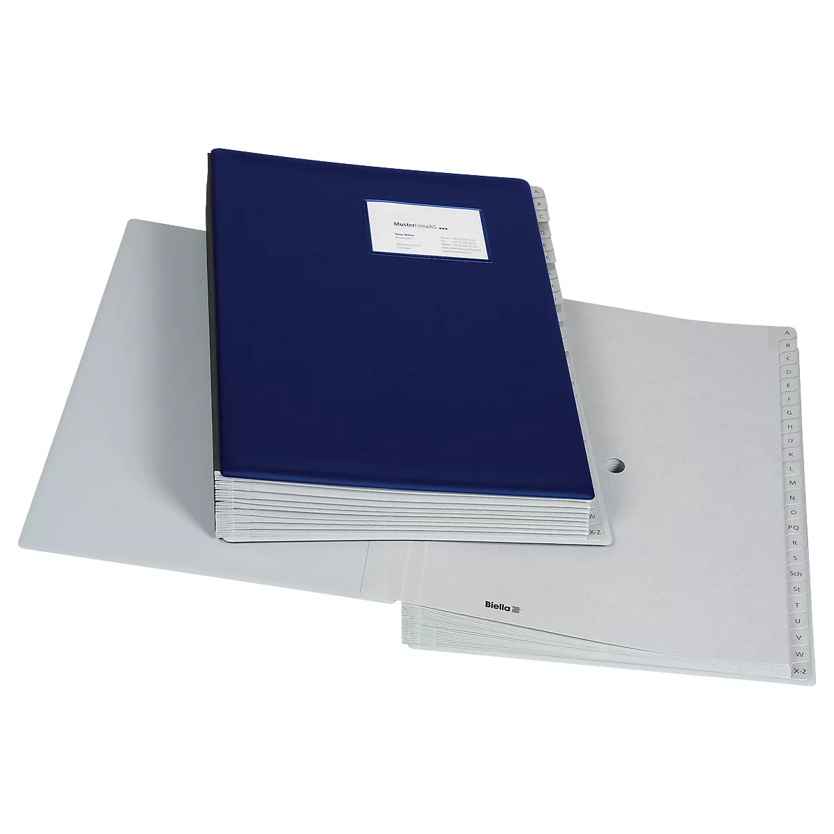Classeur Biella Pronto, pour DIN A4, 24 compartiments, alphabétique A-Z, L 330 x l 275 x H 55 mm, vinyle, bleu foncé