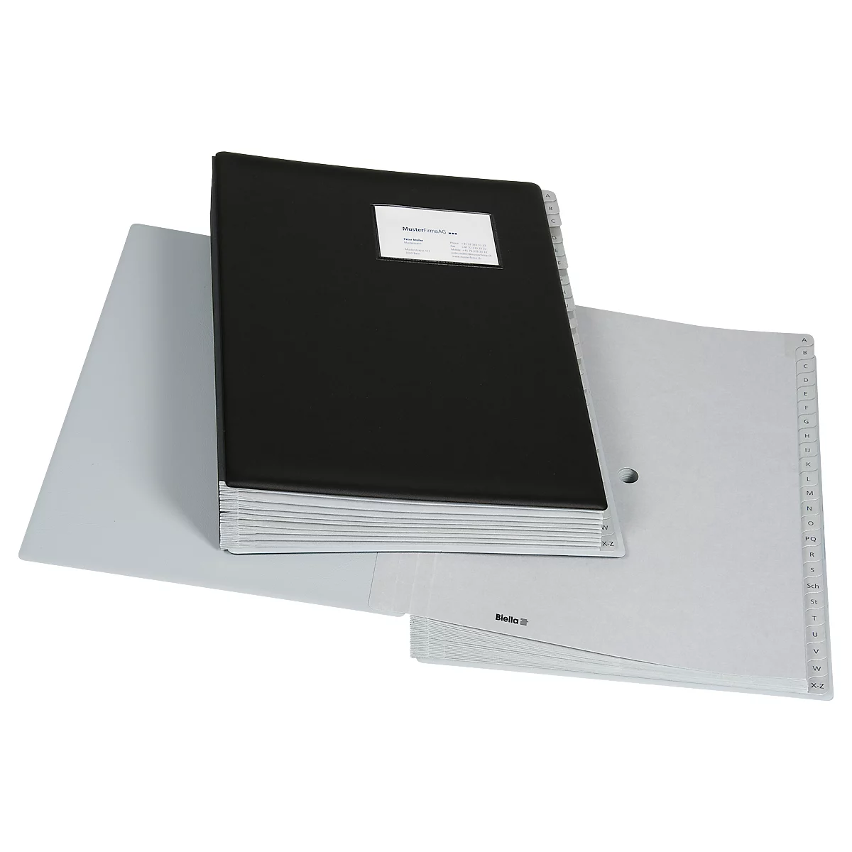 Classeur Biella Pronto, pour DIN A4, 24 compartiments, alphabétique A-Z, L 330 x l 275 x H 55 mm, vinyle, noir