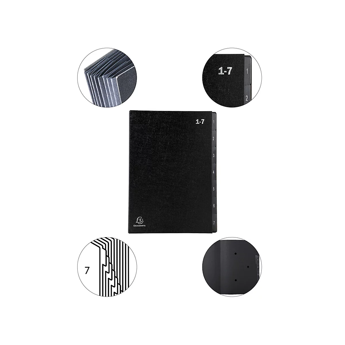 Classeur de bureau Exacompta 57007E, format A4, 7 compartiments, onglets 1-7, L 250 x H 330 mm, Ange Bleu, carton recyclé, noir