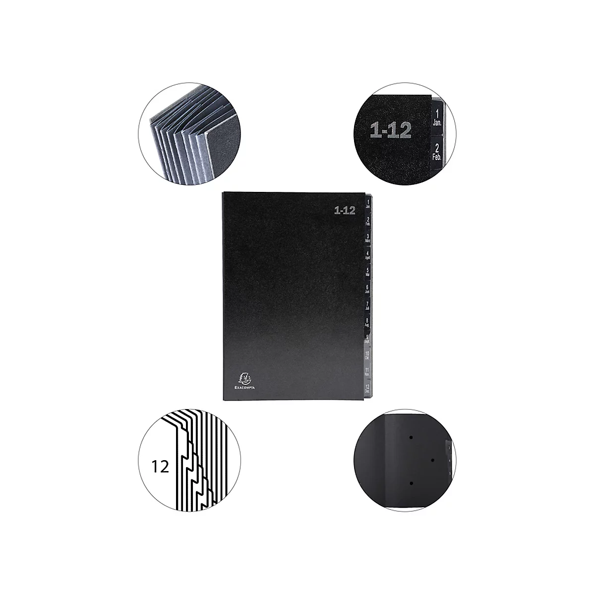 Classeur de bureau Exacompta 57012E, format A4, 12 compartiments, onglets 1-12/Jan-Dec, L 250 x H 330 mm, Ange Bleu, carton recyclé, noir