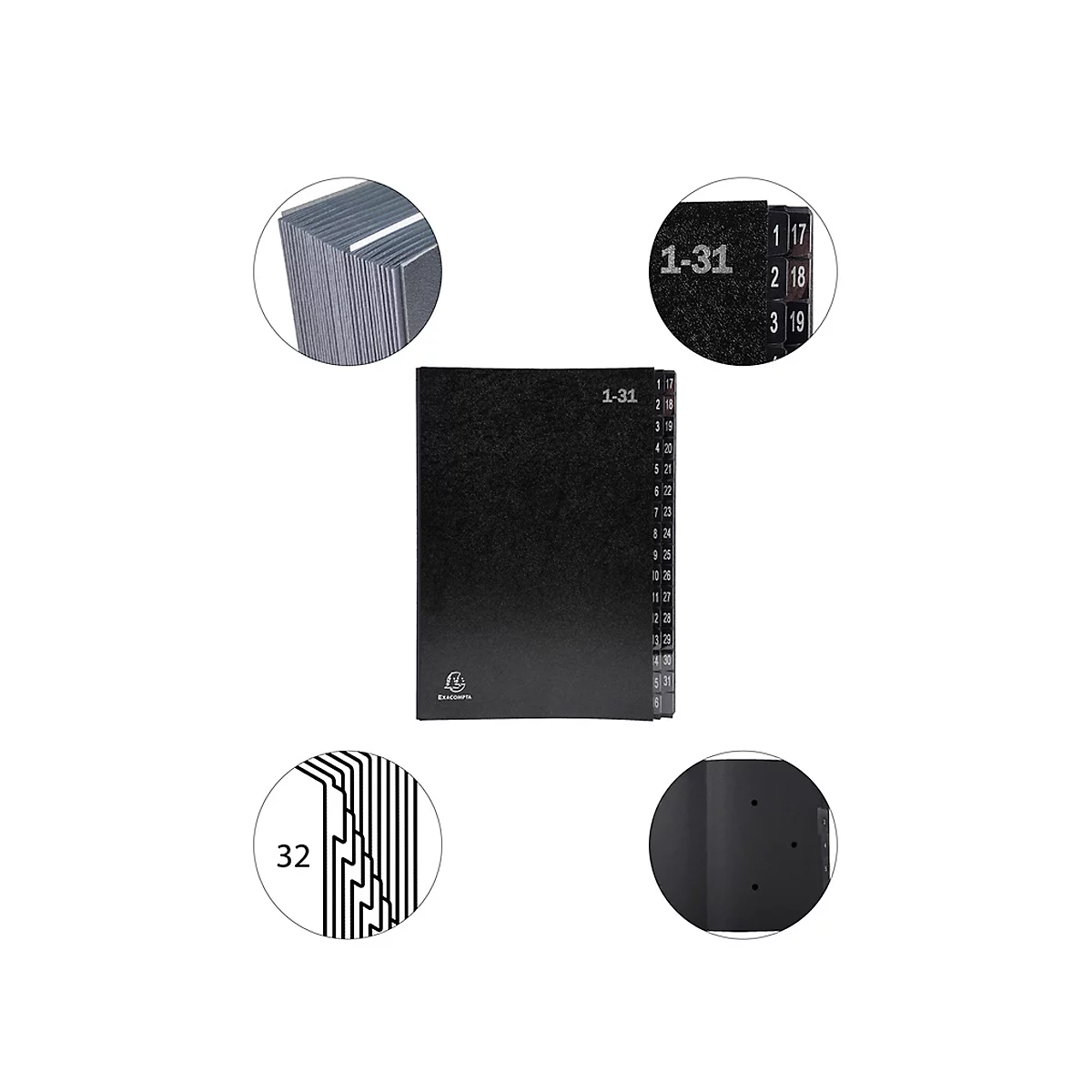 Classeur de bureau Exacompta 57032E, format A4, 32 compartiments, onglets 1-31, L 250 x H 330 mm, Ange Bleu, carton recyclé, noir