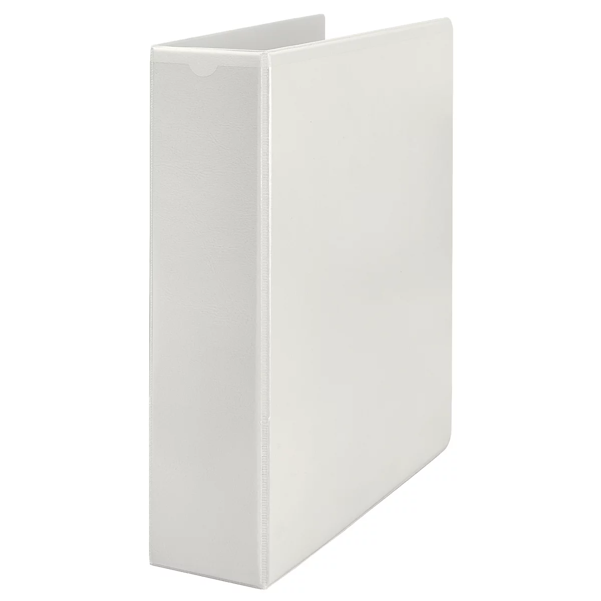 Classeur blanc en orientation portrait sur fond blanc. Le classeur est légèrement incliné, son côté gauche est visible.