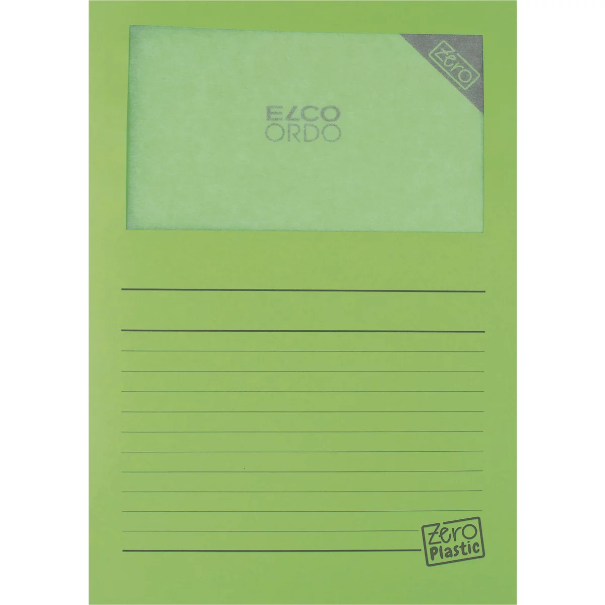 Classeur Elco Ordo vert clair, marqué Zero Plastic. Le logo est situé en haut à droite.