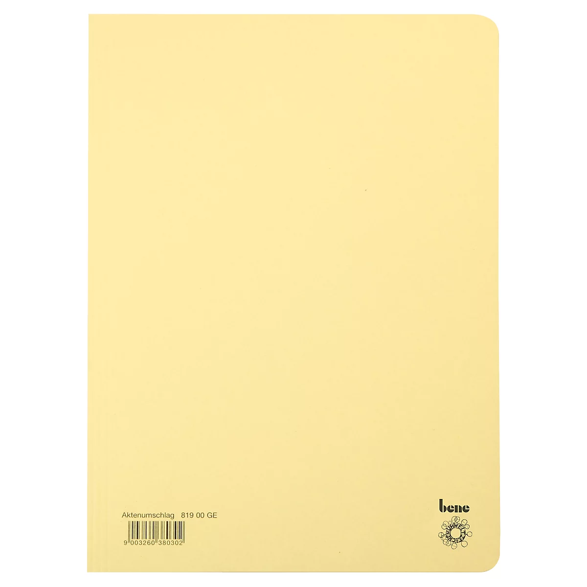 Classeur jaune clair. Logo et texte "bene" en bas à droite. Texte et code-barres en bas.