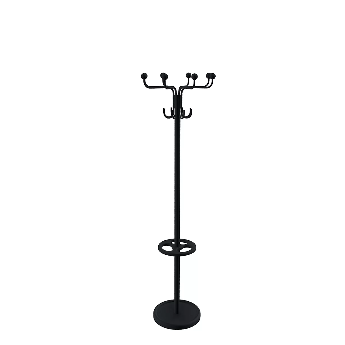 Black coat rack with hooks and knobs, on white background.